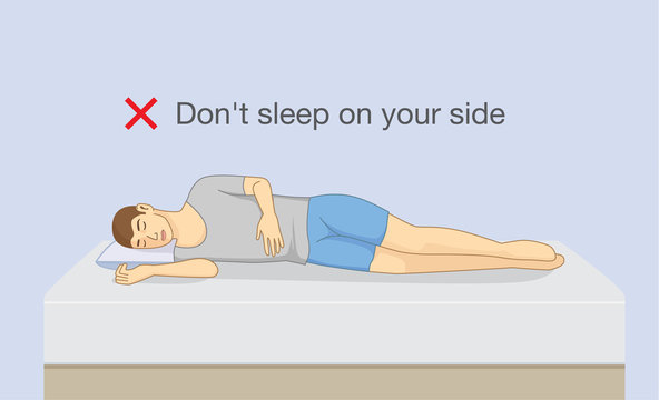 Don't sleep on your side. Illustration about wrong sleeping position make body pain symptom.
