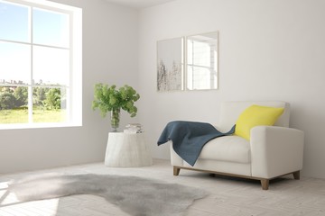 White room with armchair and green landscape in window. Scandinavian interior design. 3D illustration