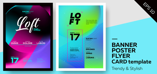 Set of Trendy Colourful Covers. Musical Party Template: Electro, Techno, House. Template for Poster, Promo, Web Banner, Party Flyer, Invitation.