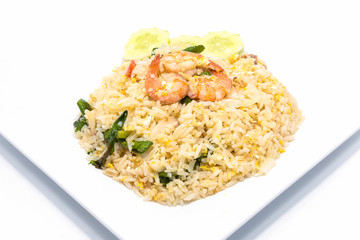 Fried rice with shrimp on white background.