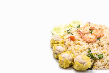 Fried rice with shrimp and dimsum on white background.