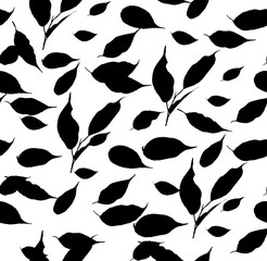 Flying leaves of ficus semless pattern black and white