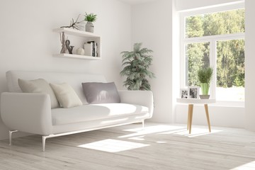 White room with sofa and green landscape in window. Scandinavian interior design. 3D illustration