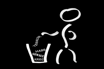 Strichfigur wirft Terror in den Mülleimer