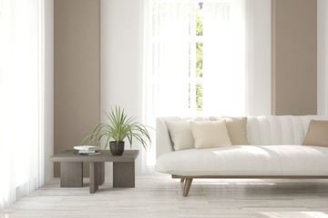 White modern room with sofa. Scandinavian interior design. 3D illustration