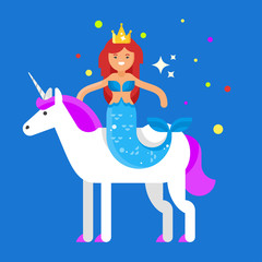 Vector flat style illustration of happy cute mermaid on unicorn.