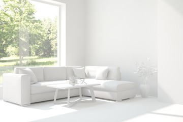 White room with sofa and green landscape in window. Scandinavian interior design. 3D illustration
