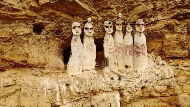 Aerial of carajia. Karajia is a known place of sarcophagi of the pre-inca culture of the Chachapoya in Peru, South America. The Figures with mummies inside are located high in the cliff