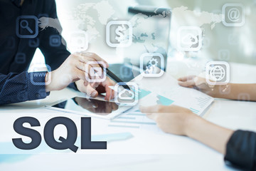 sql on virtual screen. Business, technology and internet concept.