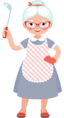 Senior lady cook in full length in an apron and with a ladle in her hand