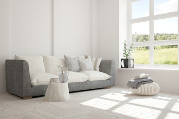 White room with sofa and green landscape in window. Scandinavian interior design. 3D illustration