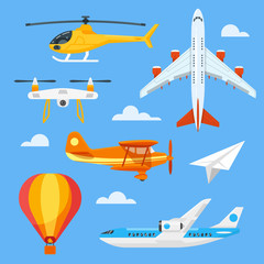 Vector flat style set of colorful air transport. 