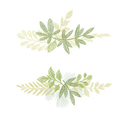Green floral branch hand drawn composition. Vector greenery leaf arrangement isolated on white background. Love spring design for cards