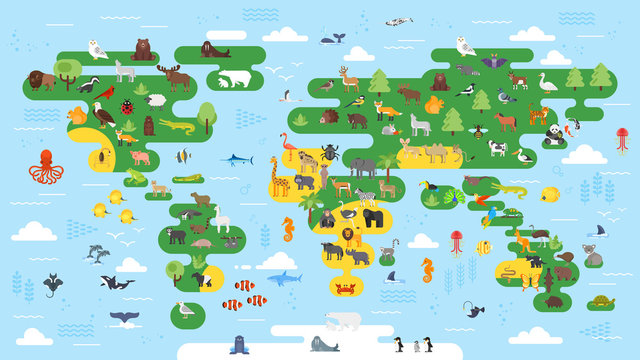 Vector flat style big abstract world map with animals.