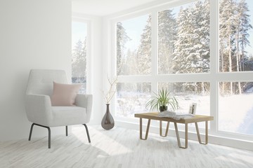 White room with armchair and winter landscape in window. Scandinavian interior design. 3D illustration