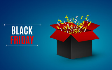 Big sale of the year. black Friday. Black-and-red box. Flying yellow and white ribbons. Big Bang. vector illustration