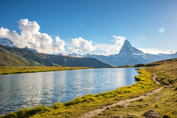 Fantastic landscape with the Matterhorn in the Swiss Alps and Lake Stellisee, near Zermatt, Switzerland, Europe