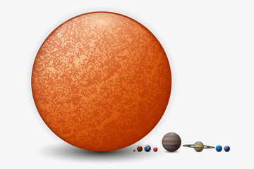 Naklejka premium The relative size of eight planets and the sun 3d illustration. Solar system objects size comparison.