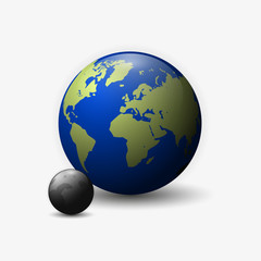 Realistic Earth with moon 3d vector illustration isolated on white background.