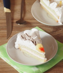 A piece of cake on a saucer cut off