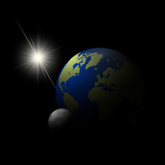 Realistic Sun, Earth and Moon 3d vector illustration.