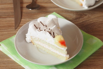 A piece of cake on a saucer cut off