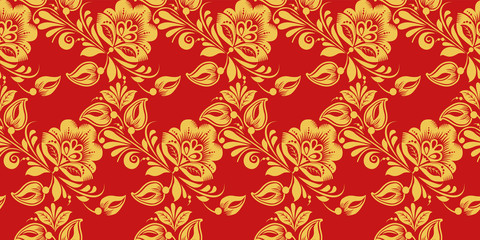 Seamless pattern vector in Russian traditional decor syle. Classic hohloma in red and gold colors. Khokhloma floral ornament