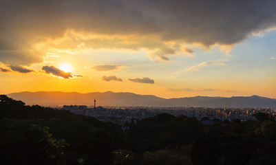 Kyoto cityscape during sunset, arial view from Kiyomizu-dera temple, Japan