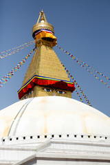 Boudhanath stupa in Kathmandu, Nepal. It is the largest stupa in Nepal and the holiest Tibetan Buddhist temple outside Tibet.