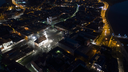 aerial view of old town of city at night
