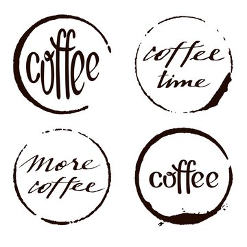 Vector set of cofee ring stains with hand drawn lettering. Grunge style design element.