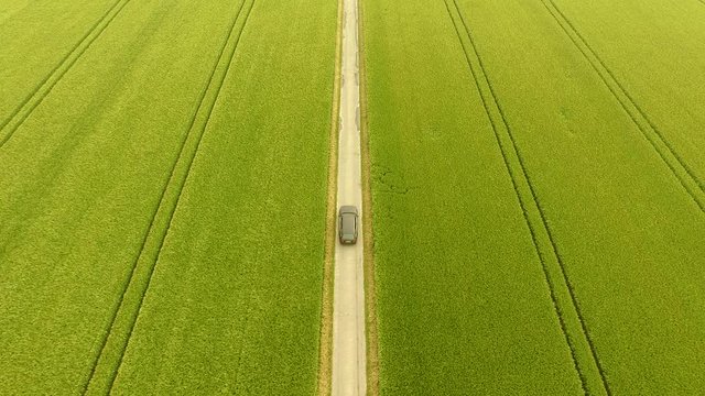 Aerial car driving in a grain field on a rural road in germany