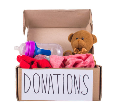 Box with donation on white background