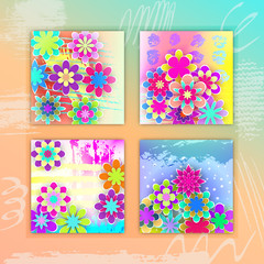 Set of Square Cards with Colorful Paper Flowers