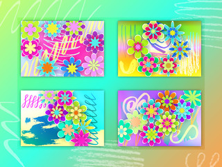 Set of Rectangular Cards with Colorful Paper Flowers