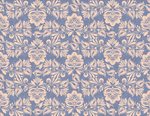 Hohloma style seamless pattern vector background. Traditional russian flower decoration on flax texture
