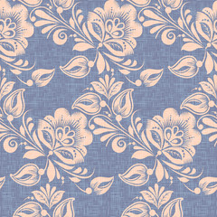 Fototapeta na wymiar khokhloma style seamless pattern vector background. Traditional russian floral decoration, violet canvas texture