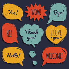 Vector set of speech bubbles in comic style. Hand drawn set of dialog windows with phrases Hello Yes, Bye, Welcome etc.