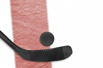 Fototapeta premium Hockey stick and washer on the red line