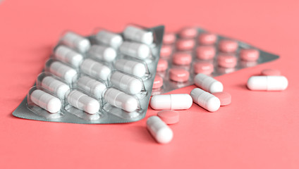 Pills and another drugs for illegal doping manipulations. Pharmacy antibiotic and antidepressant.