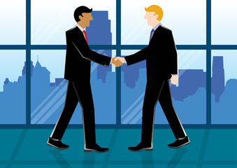 Simple business cartoon illustration of 2 businessmen shake hands