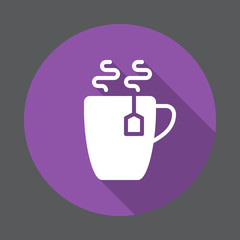 Hot tea cup flat icon. Round colorful button, circular vector sign with long shadow effect. Flat style design