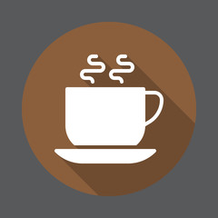 Cafe, Hot coffee cup flat icon. Round colorful button, circular vector sign with long shadow effect. Flat style design