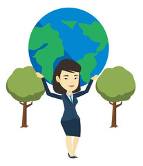 Business woman holding globe vector illustration.