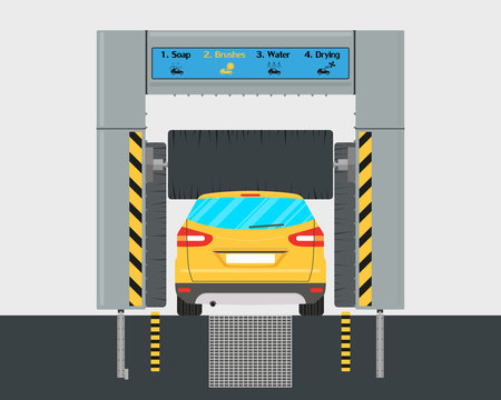 The interior of the automatic car wash with a car inside. Vector illustration