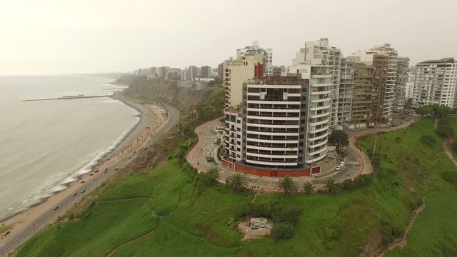 LIMA Aerial of flying in Miraflores and Barranco. Peru, South America.  Aerial LIMA, 