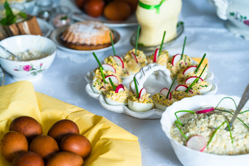 Stuffed eggs and potato salad 