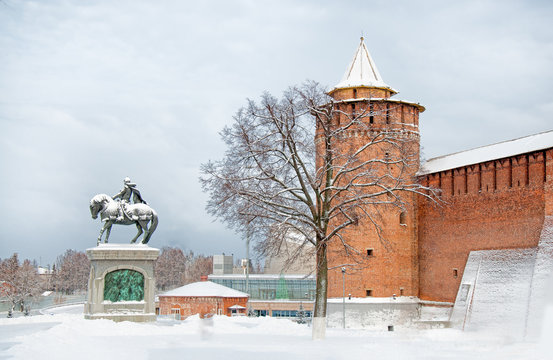 attraction in city Kolomna Kremlin with Marinkina tower and the monument to Dmitry Donskoy the historical centre of the old town in winter
