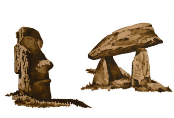 Dolmens on white background,watercolor illustration