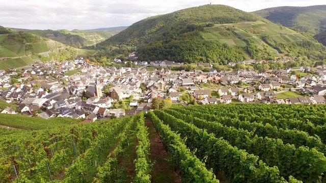 Aerial of a village (Dernau) in a winegrowing area in germany at the river Ahr